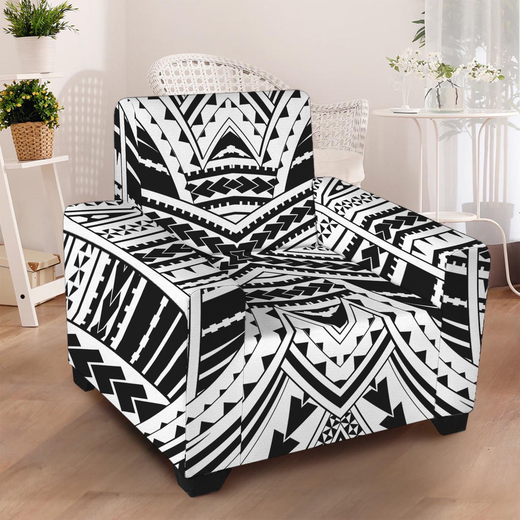 Black And White Maori Tribal Print Armchair Slipcover