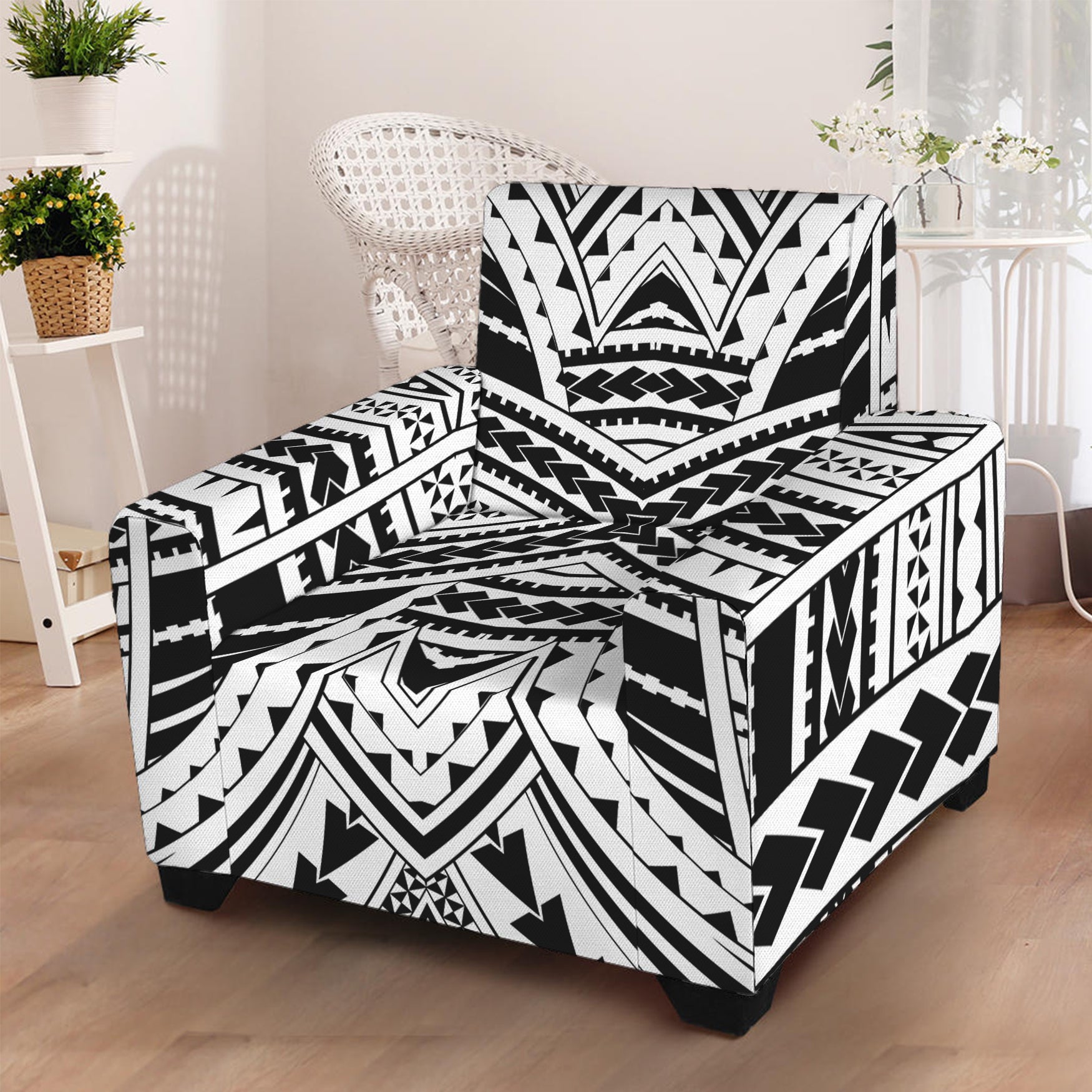 Black And White Maori Tribal Print Armchair Slipcover