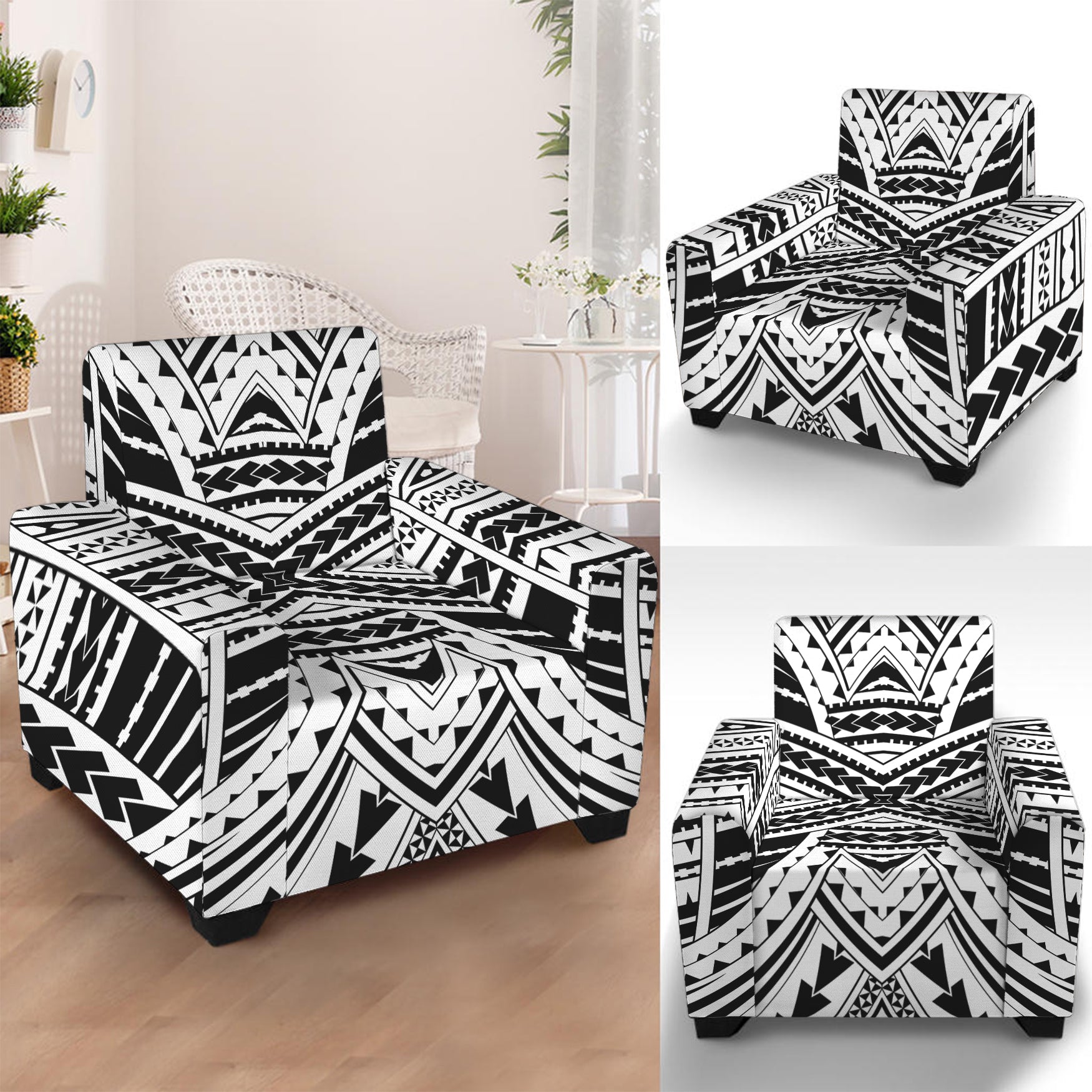 Black And White Maori Tribal Print Armchair Slipcover