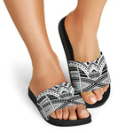 Black And White Maori Tribal Print Black Slide Sandals