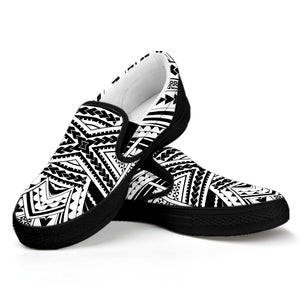 Black And White Maori Tribal Print Black Slip On Shoes