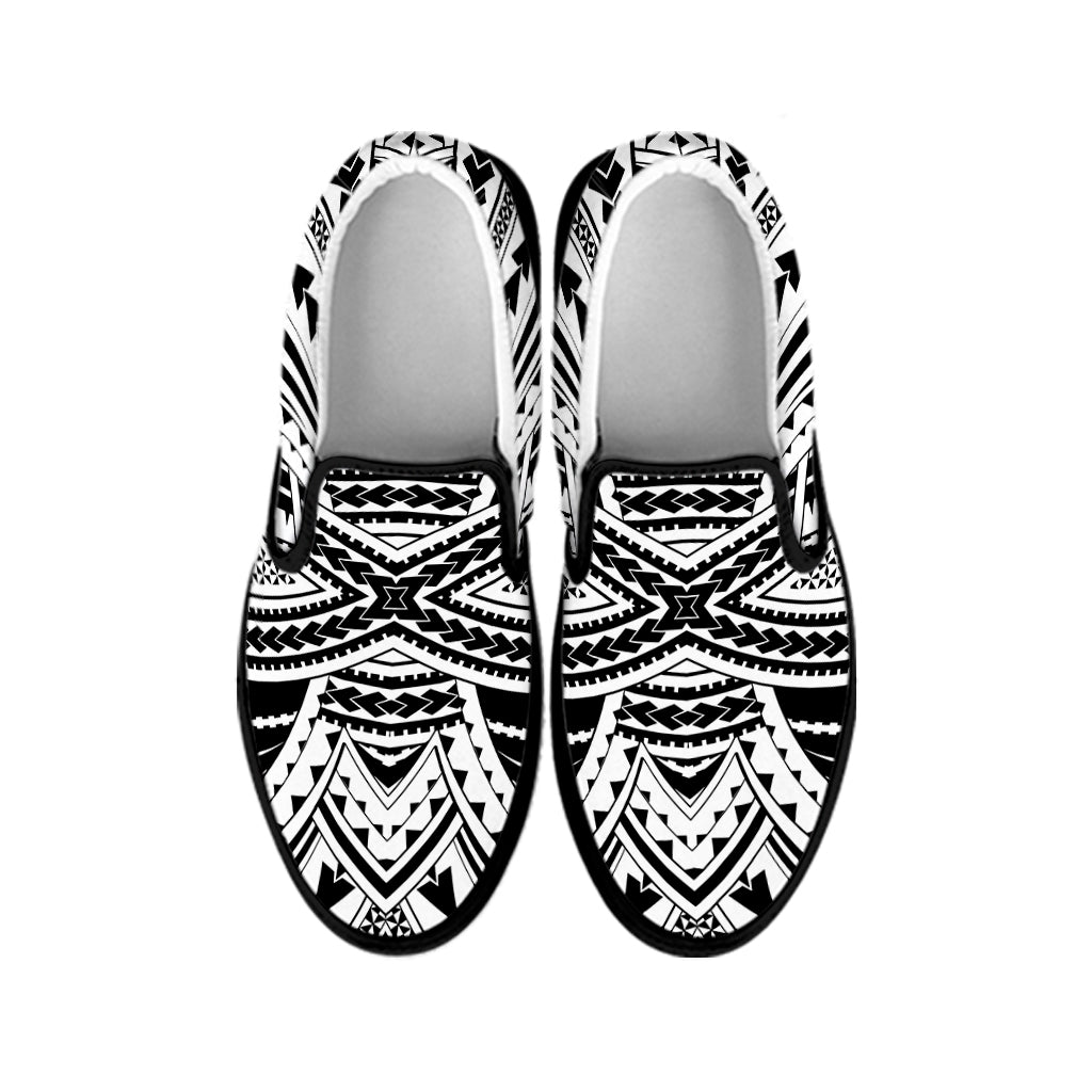 Black And White Maori Tribal Print Black Slip On Shoes