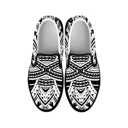 Black And White Maori Tribal Print Black Slip On Shoes