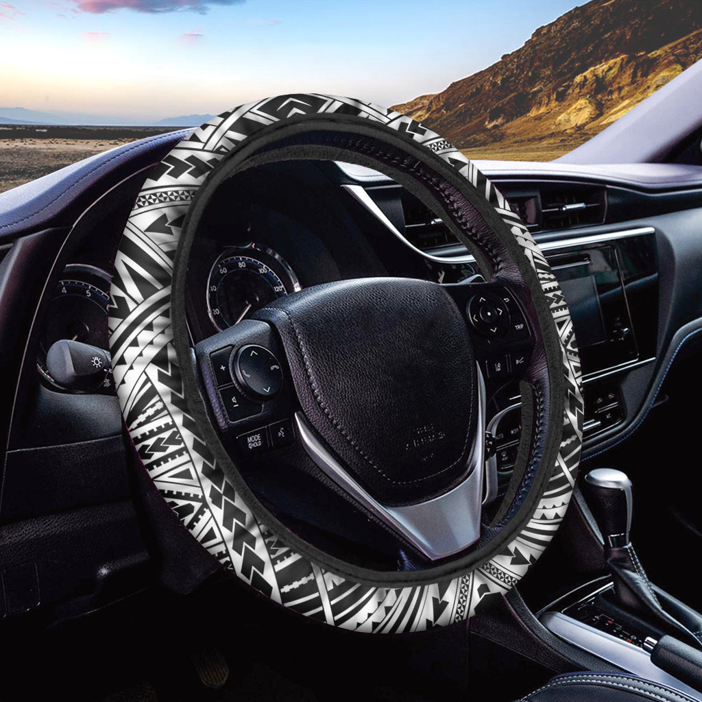 Black And White Maori Tribal Print Car Steering Wheel Cover