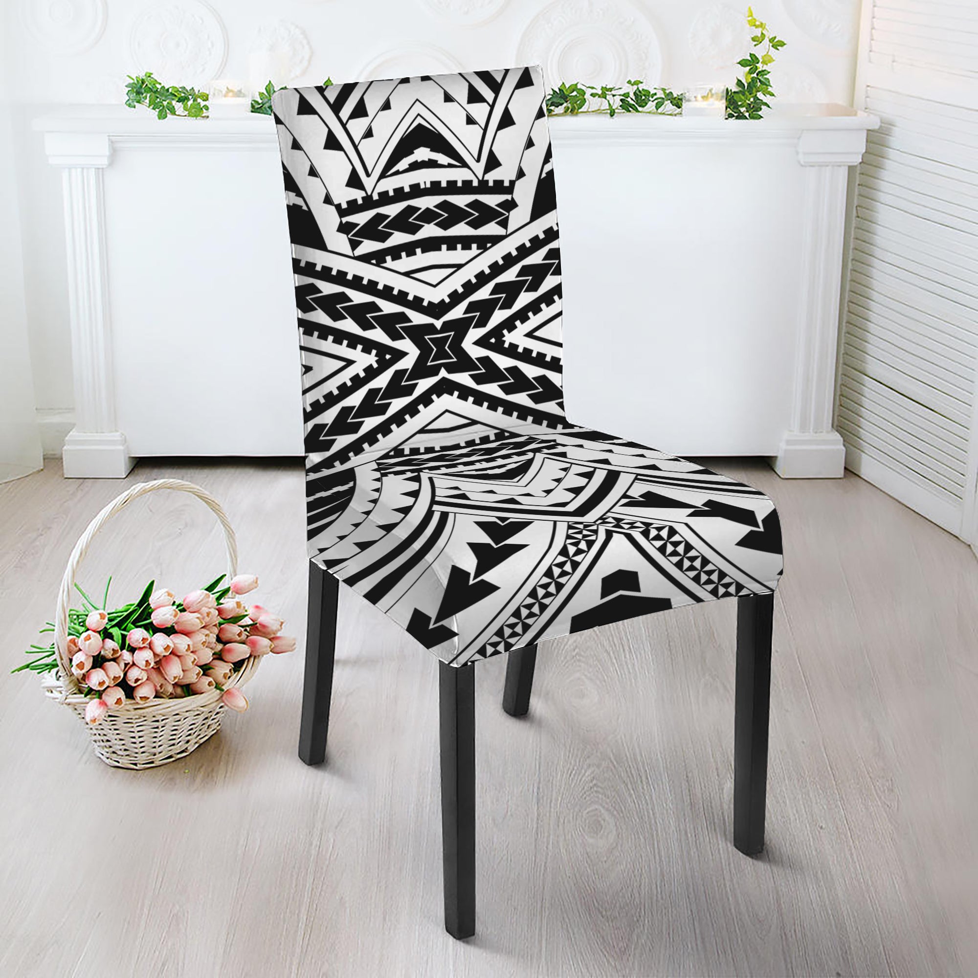 Black And White Maori Tribal Print Dining Chair Slipcover