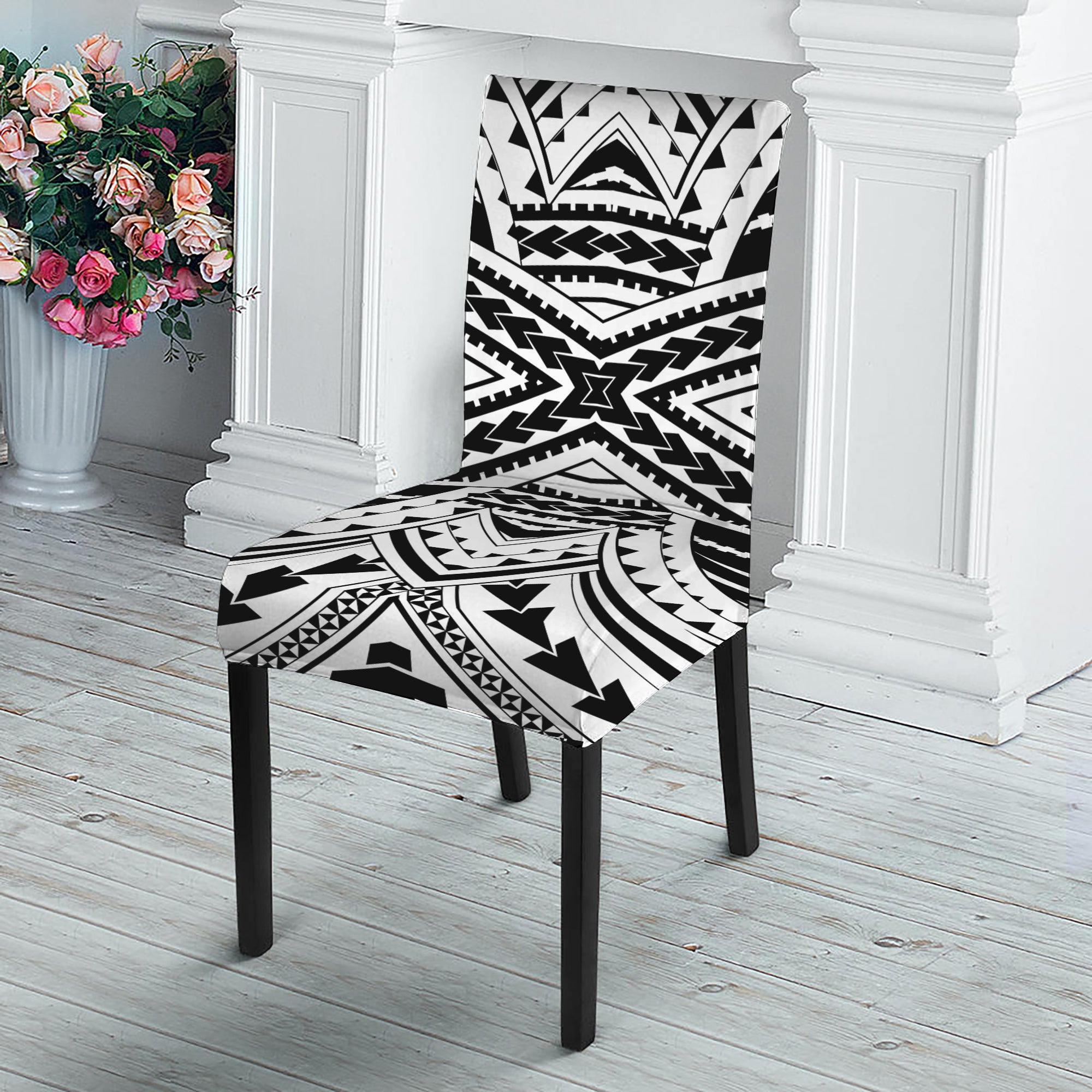 Black And White Maori Tribal Print Dining Chair Slipcover