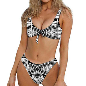 Black And White Maori Tribal Print Front Bow Tie Bikini