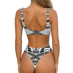 Black And White Maori Tribal Print Front Bow Tie Bikini