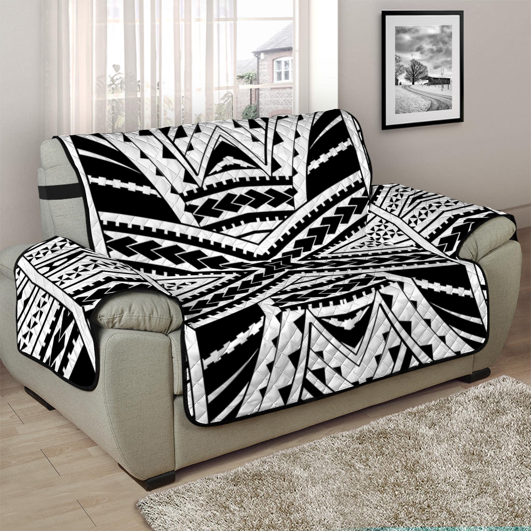 Black And White Maori Tribal Print Half Sofa Protector