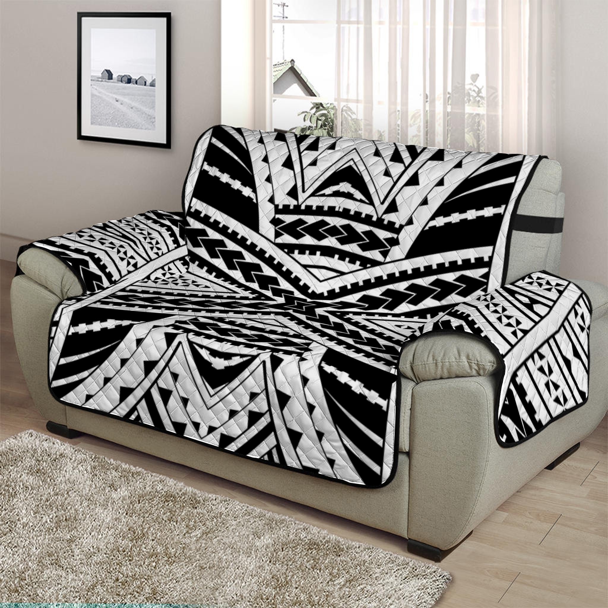 Black And White Maori Tribal Print Half Sofa Protector