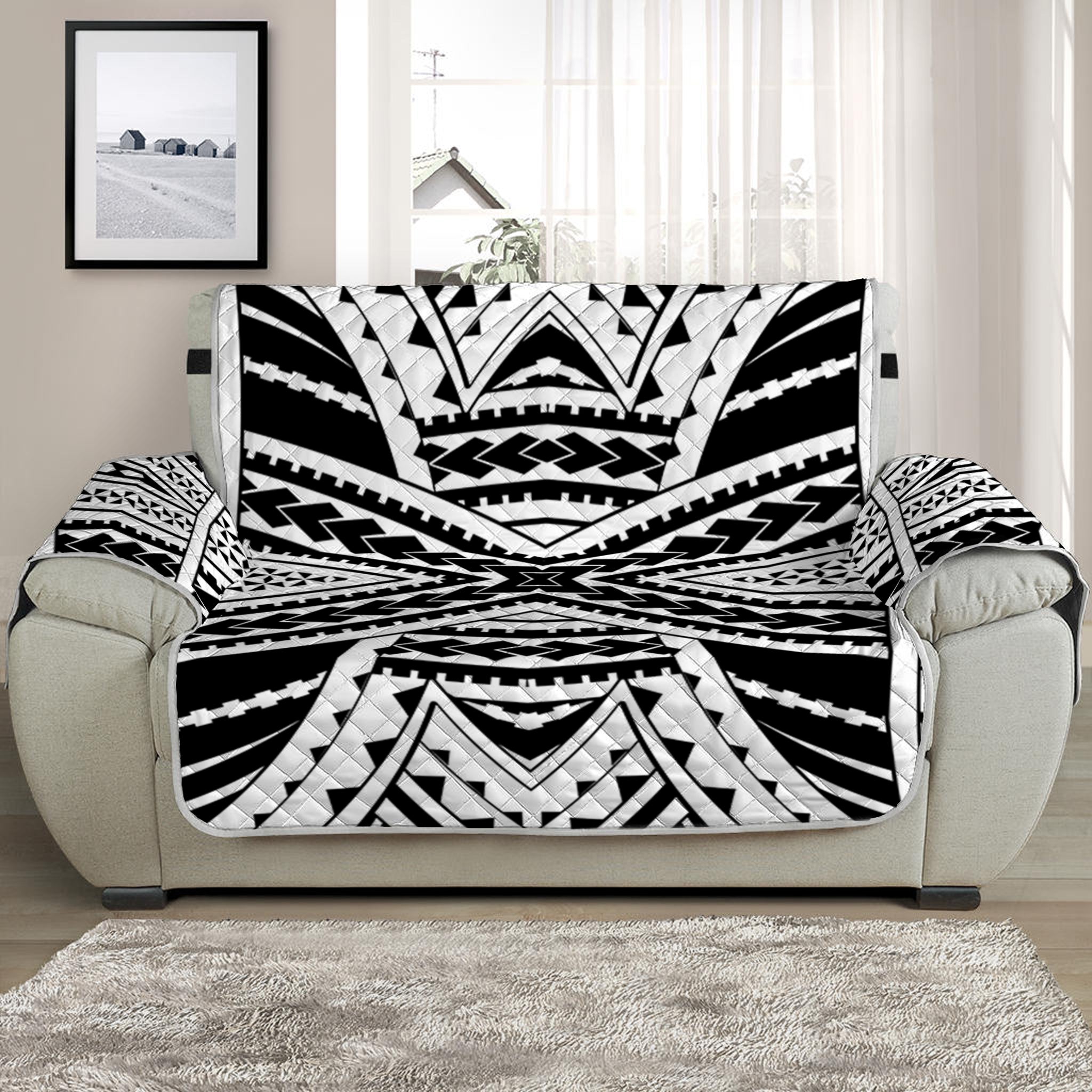 Black And White Maori Tribal Print Half Sofa Protector