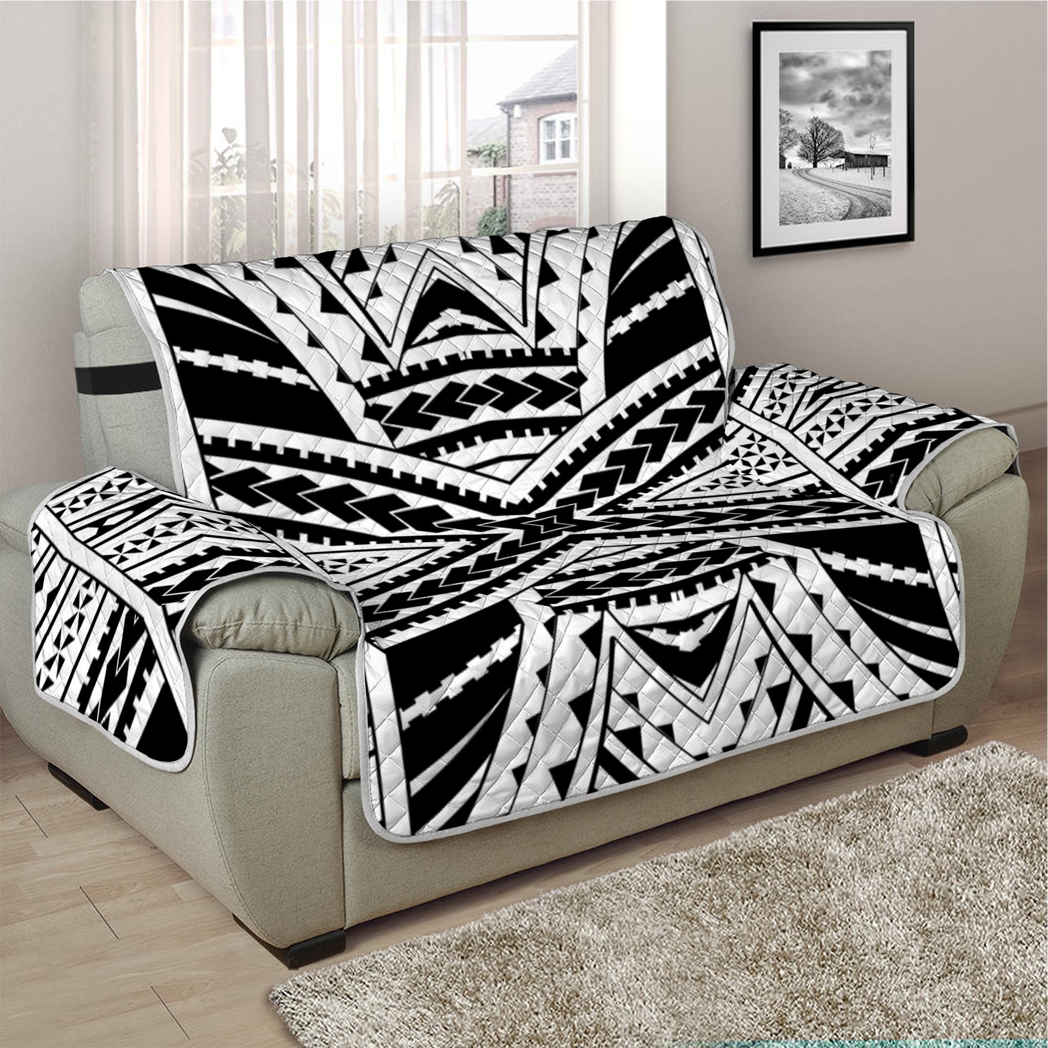 Black And White Maori Tribal Print Half Sofa Protector