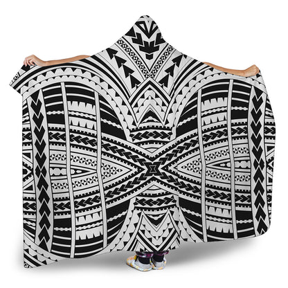 Black And White Maori Tribal Print Hooded Blanket