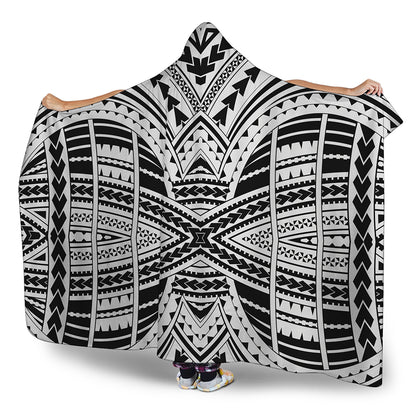 Black And White Maori Tribal Print Hooded Blanket