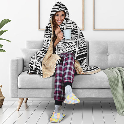 Black And White Maori Tribal Print Hooded Blanket