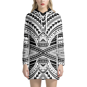 Black And White Maori Tribal Print Hoodie Dress