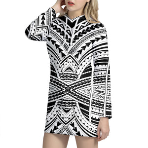 Black And White Maori Tribal Print Hoodie Dress