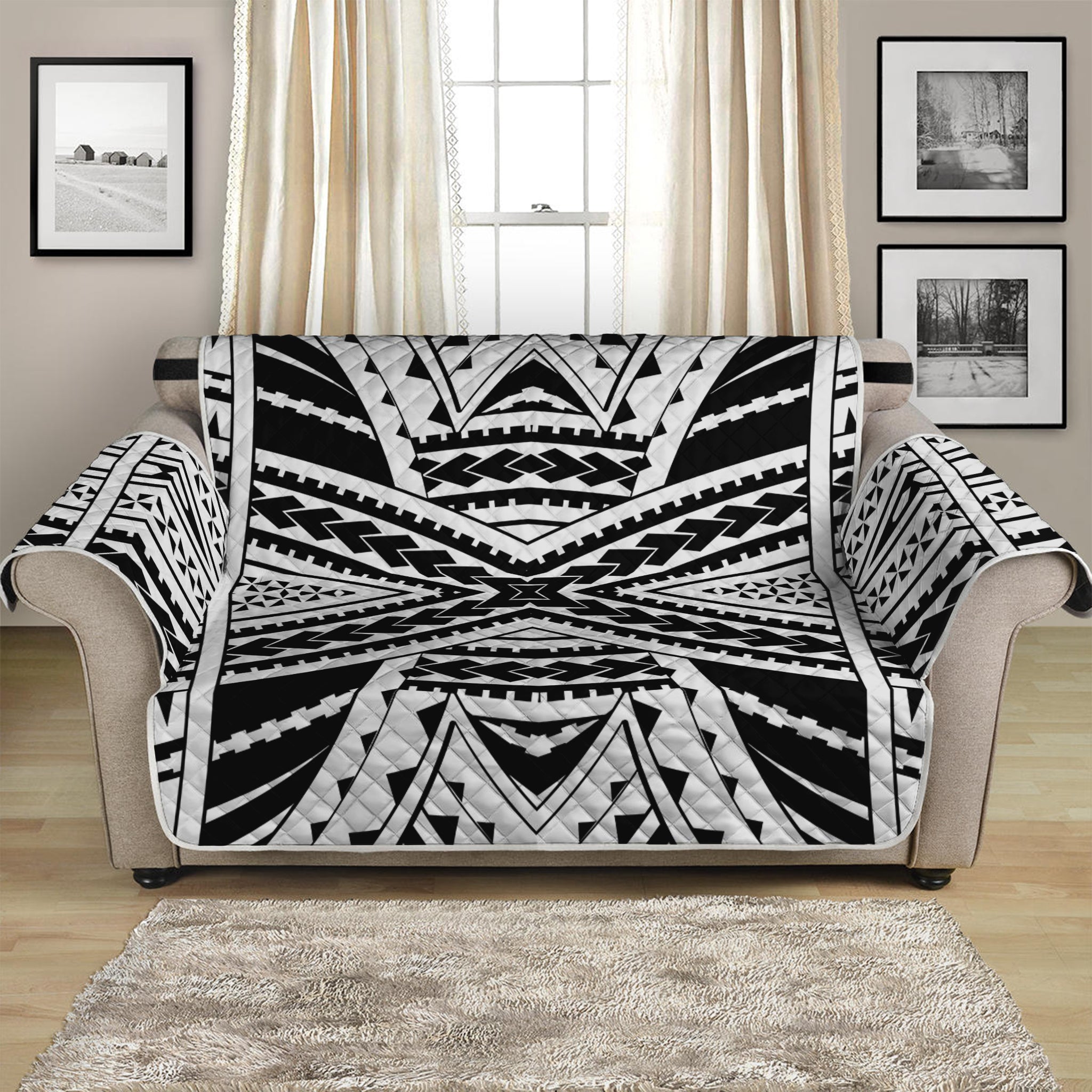 Black And White Maori Tribal Print Loveseat Protector