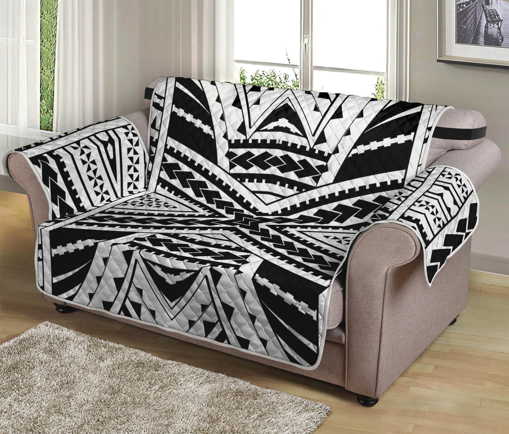 Black And White Maori Tribal Print Loveseat Protector