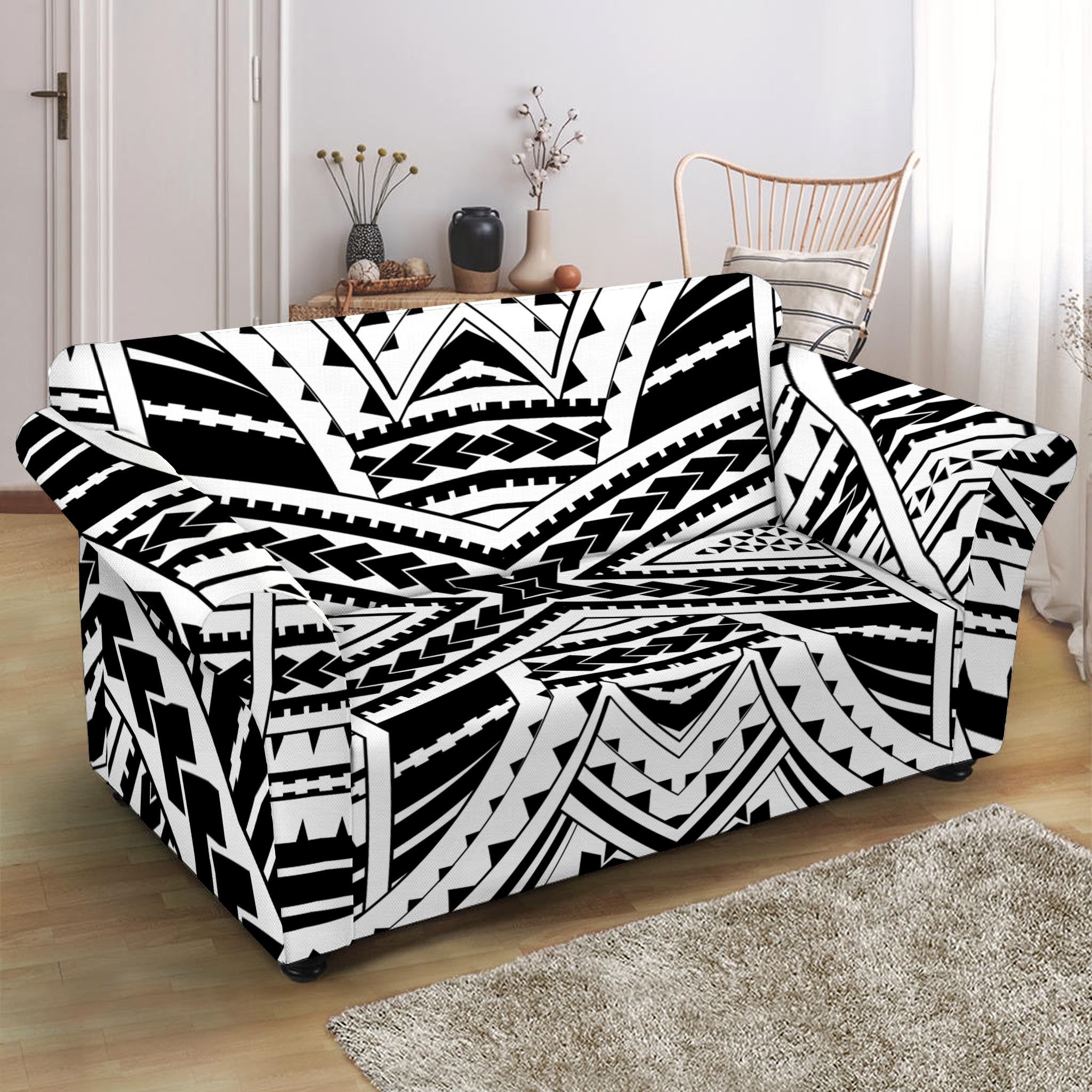 Black And White Maori Tribal Print Loveseat Slipcover