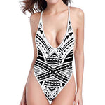 Black And White Maori Tribal Print One Piece High Cut Swimsuit