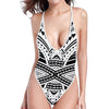 Black And White Maori Tribal Print One Piece High Cut Swimsuit