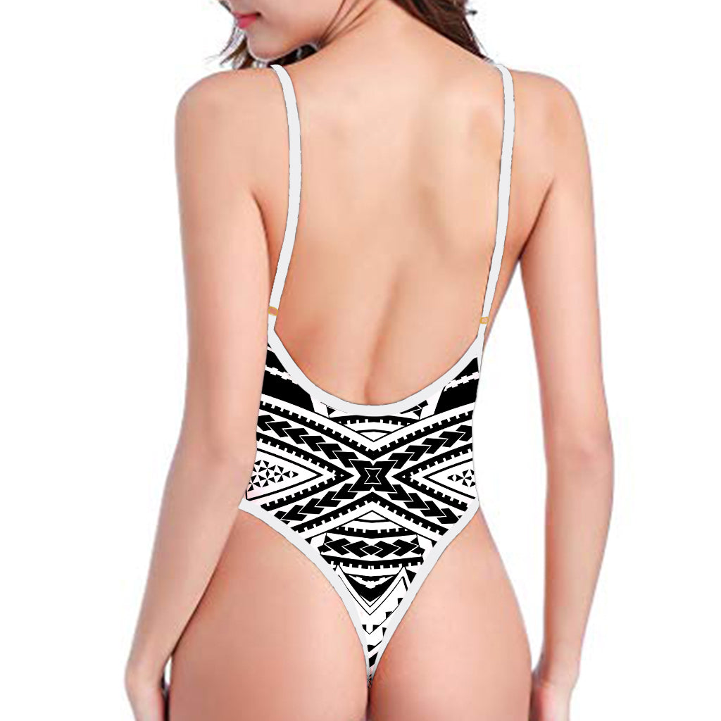 Black And White Maori Tribal Print One Piece High Cut Swimsuit