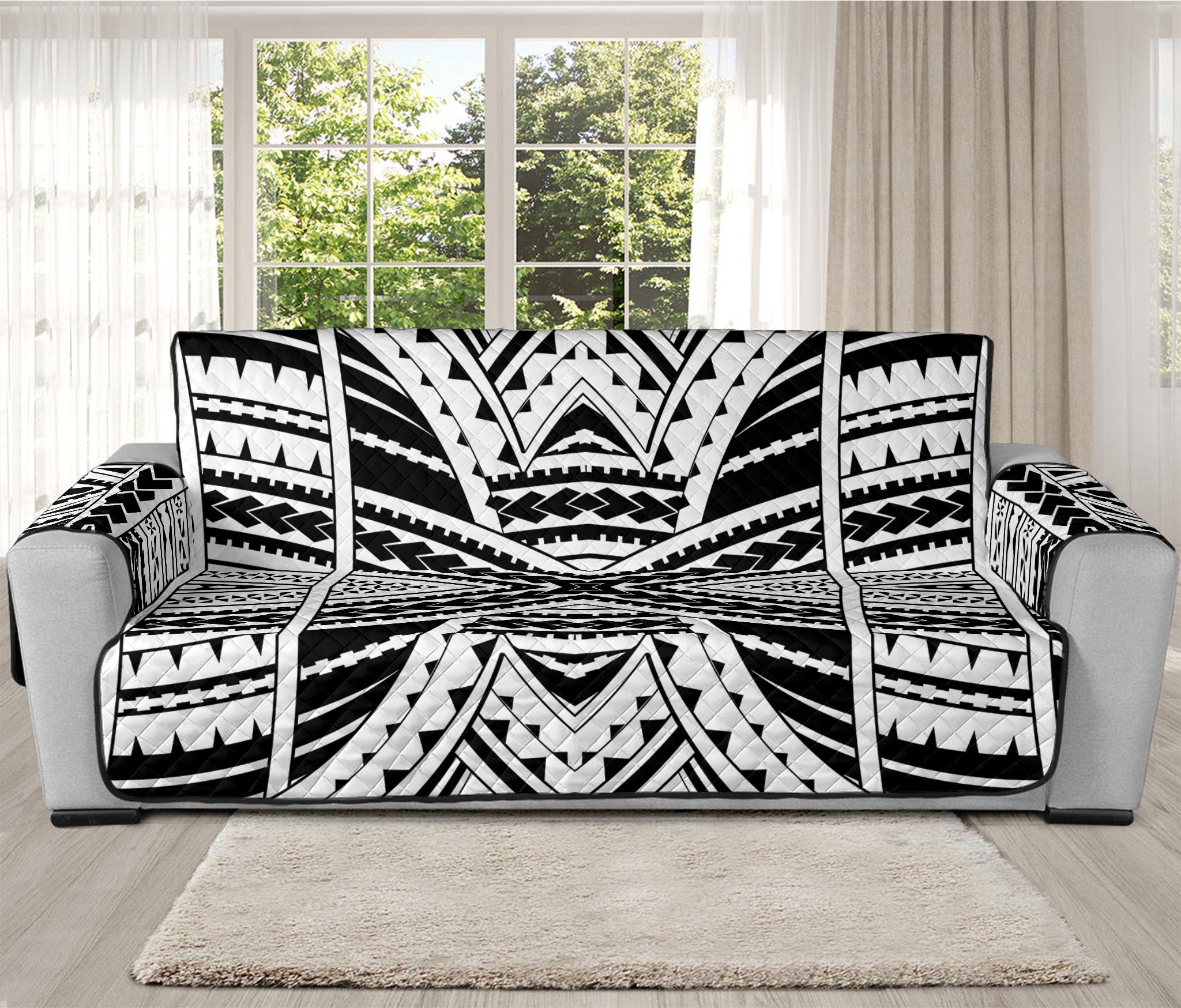 Black And White Maori Tribal Print Oversized Sofa Protector