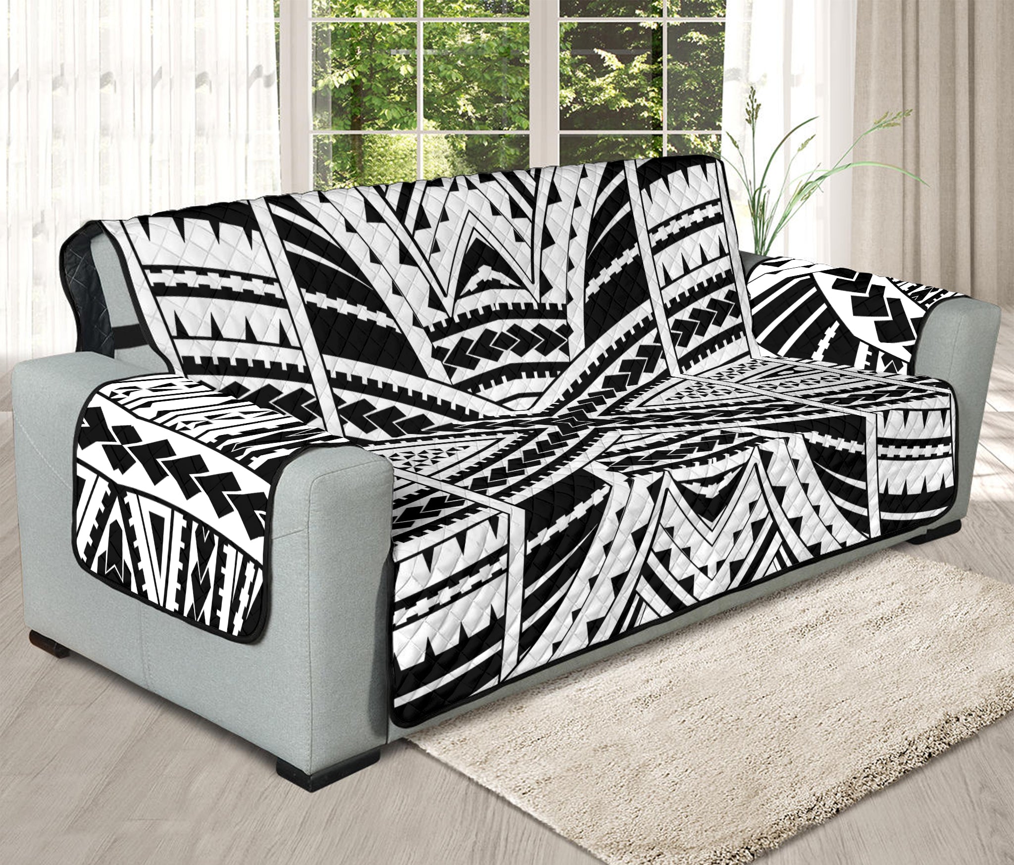 Black And White Maori Tribal Print Oversized Sofa Protector