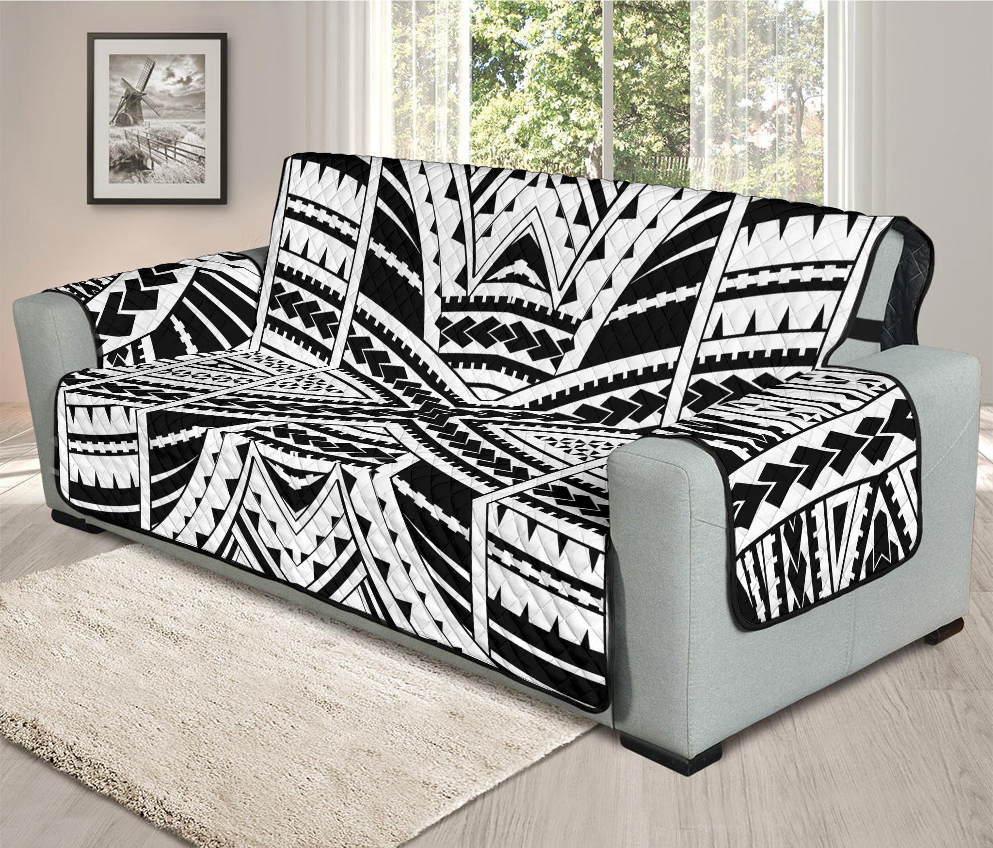 Black And White Maori Tribal Print Oversized Sofa Protector