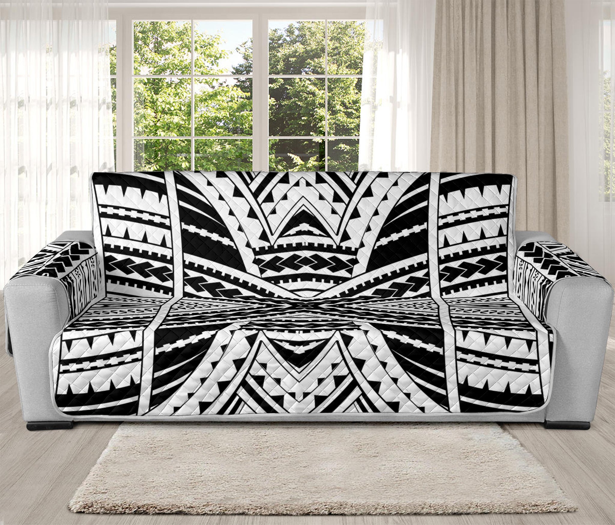 Black And White Maori Tribal Print Oversized Sofa Protector