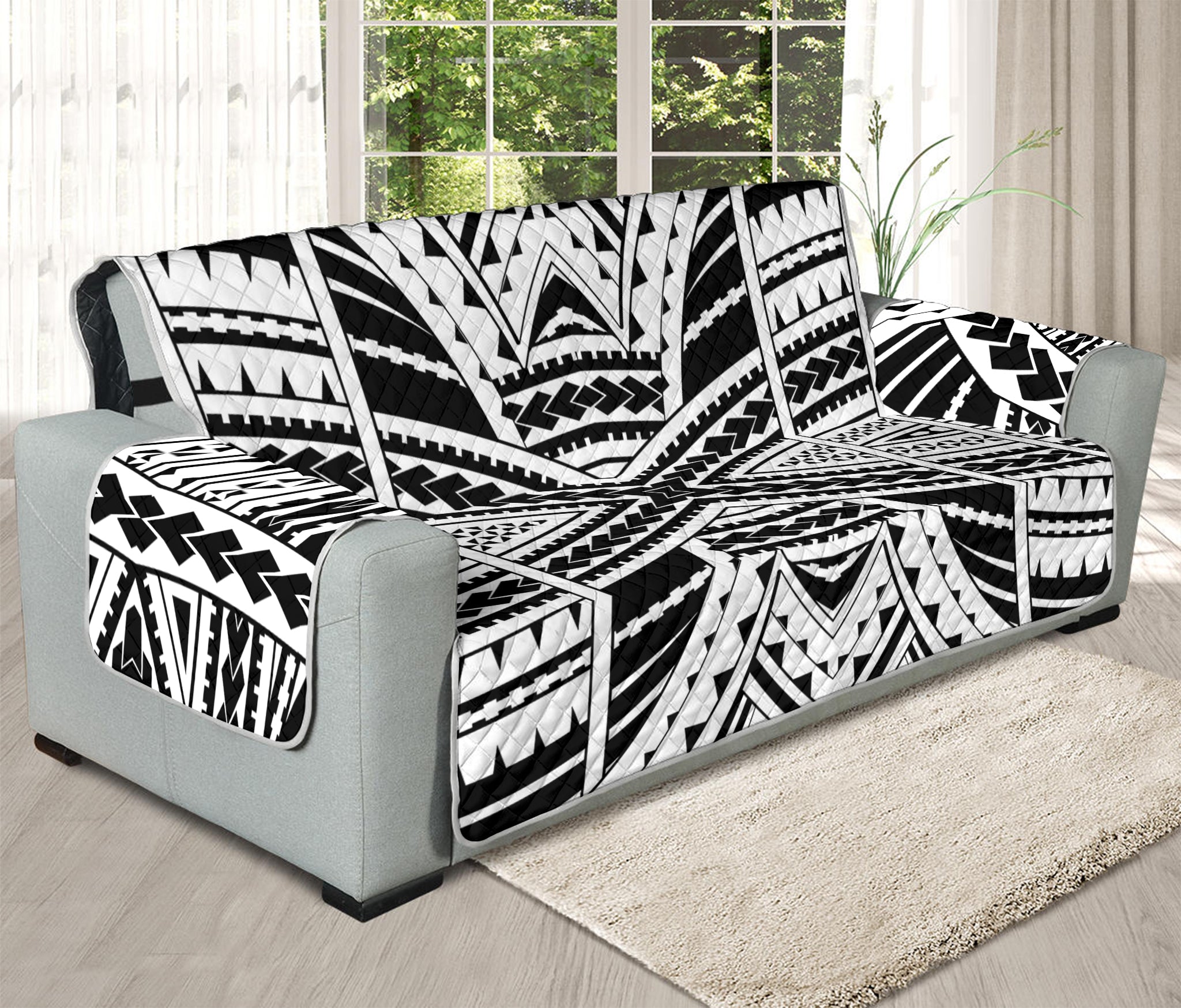 Black And White Maori Tribal Print Oversized Sofa Protector