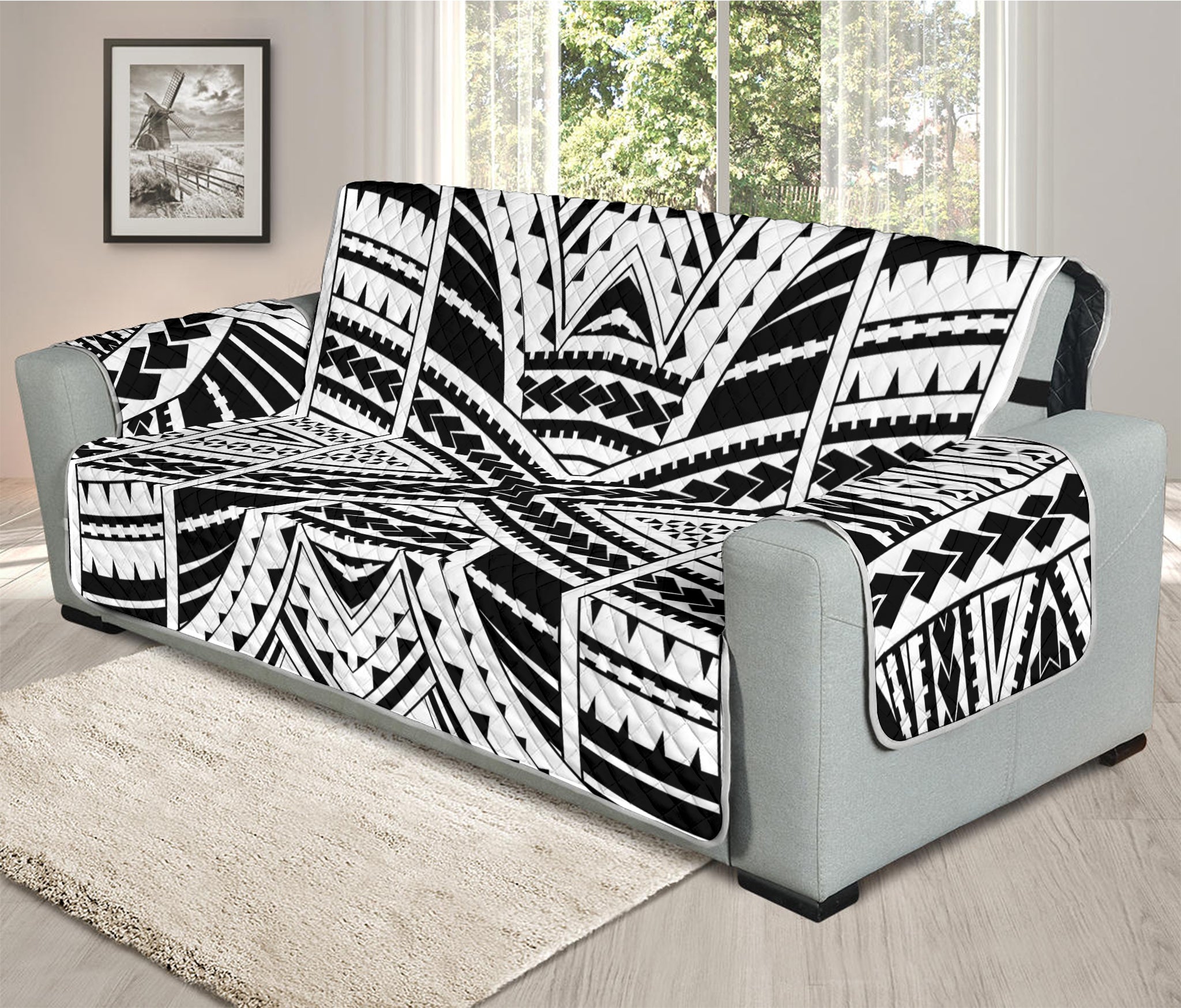 Black And White Maori Tribal Print Oversized Sofa Protector