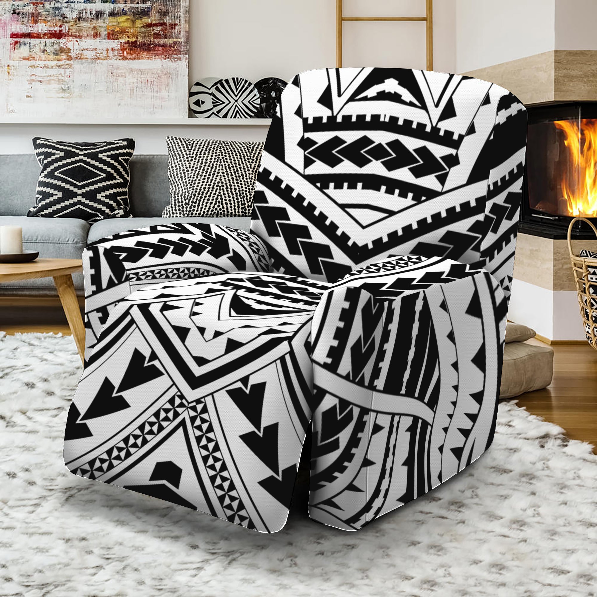 Black And White Maori Tribal Print Recliner Slipcover