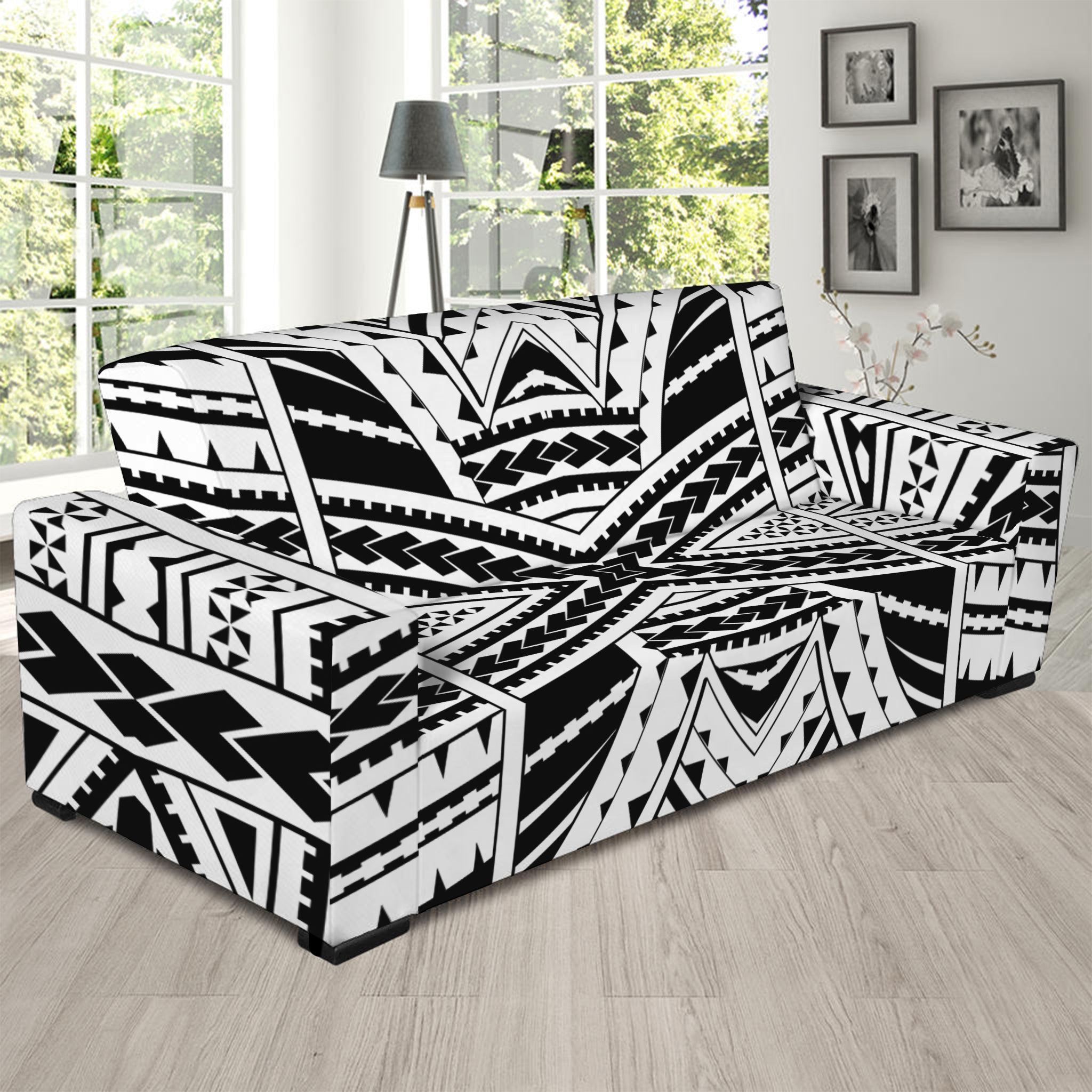 Black And White Maori Tribal Print Sofa Slipcover