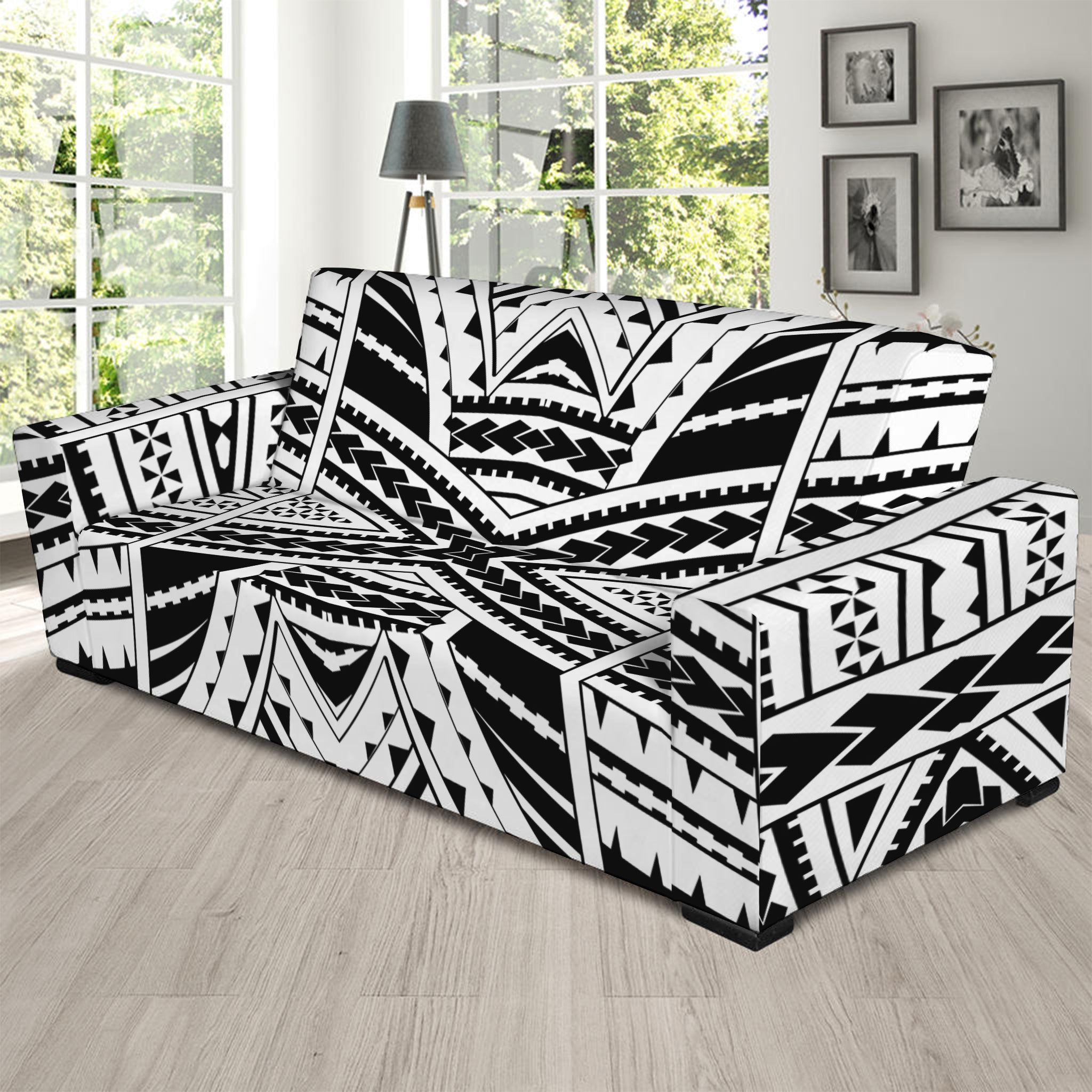 Black And White Maori Tribal Print Sofa Slipcover