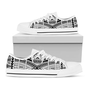 Black And White Maori Tribal Print White Low Top Shoes