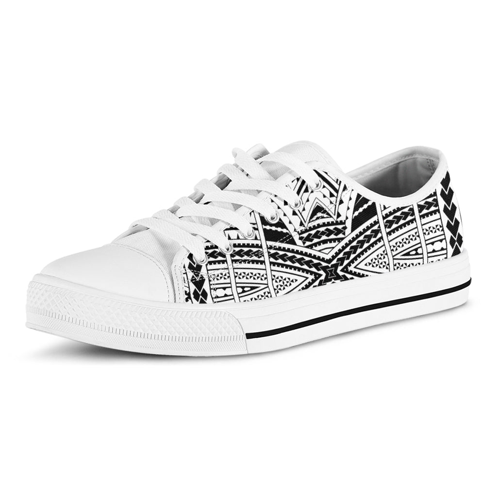 Black And White Maori Tribal Print White Low Top Shoes