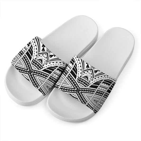Black And White Maori Tribal Print White Slide Sandals
