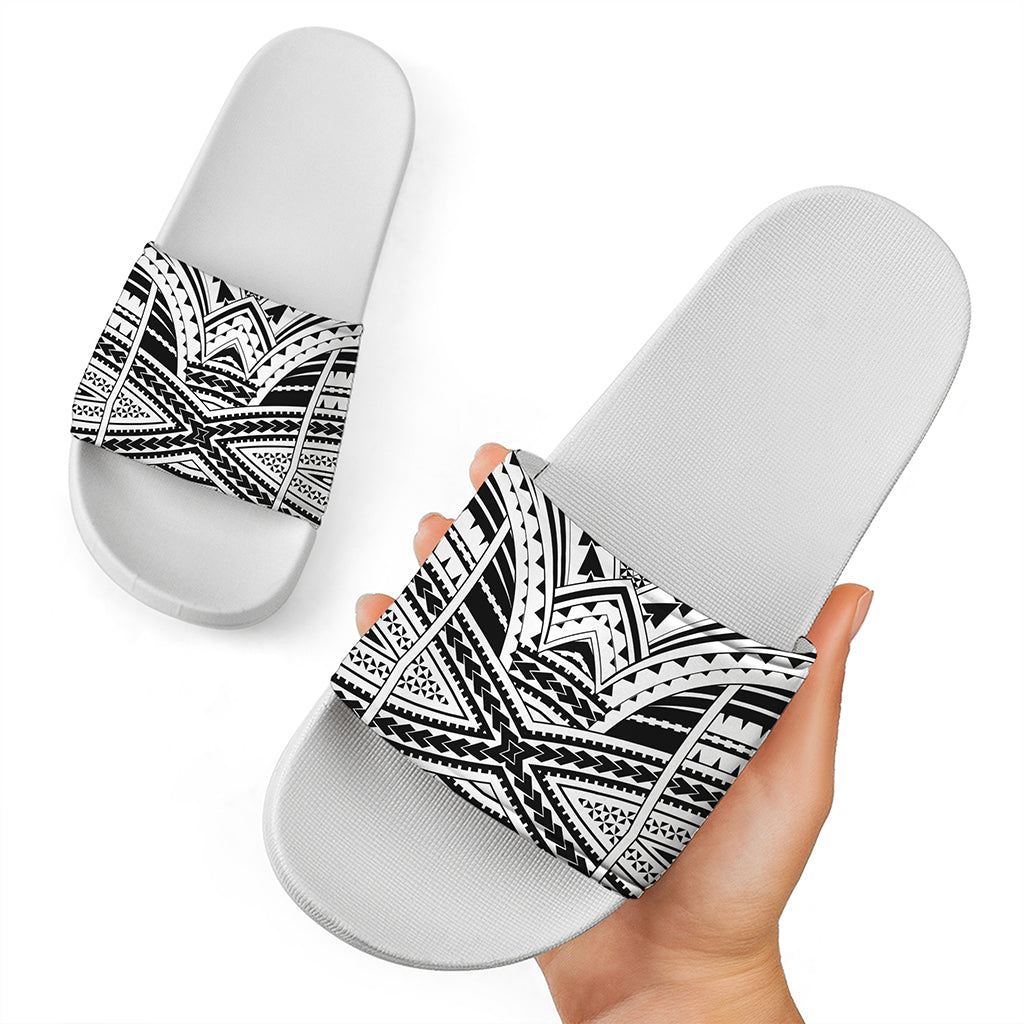 Black And White Maori Tribal Print White Slide Sandals