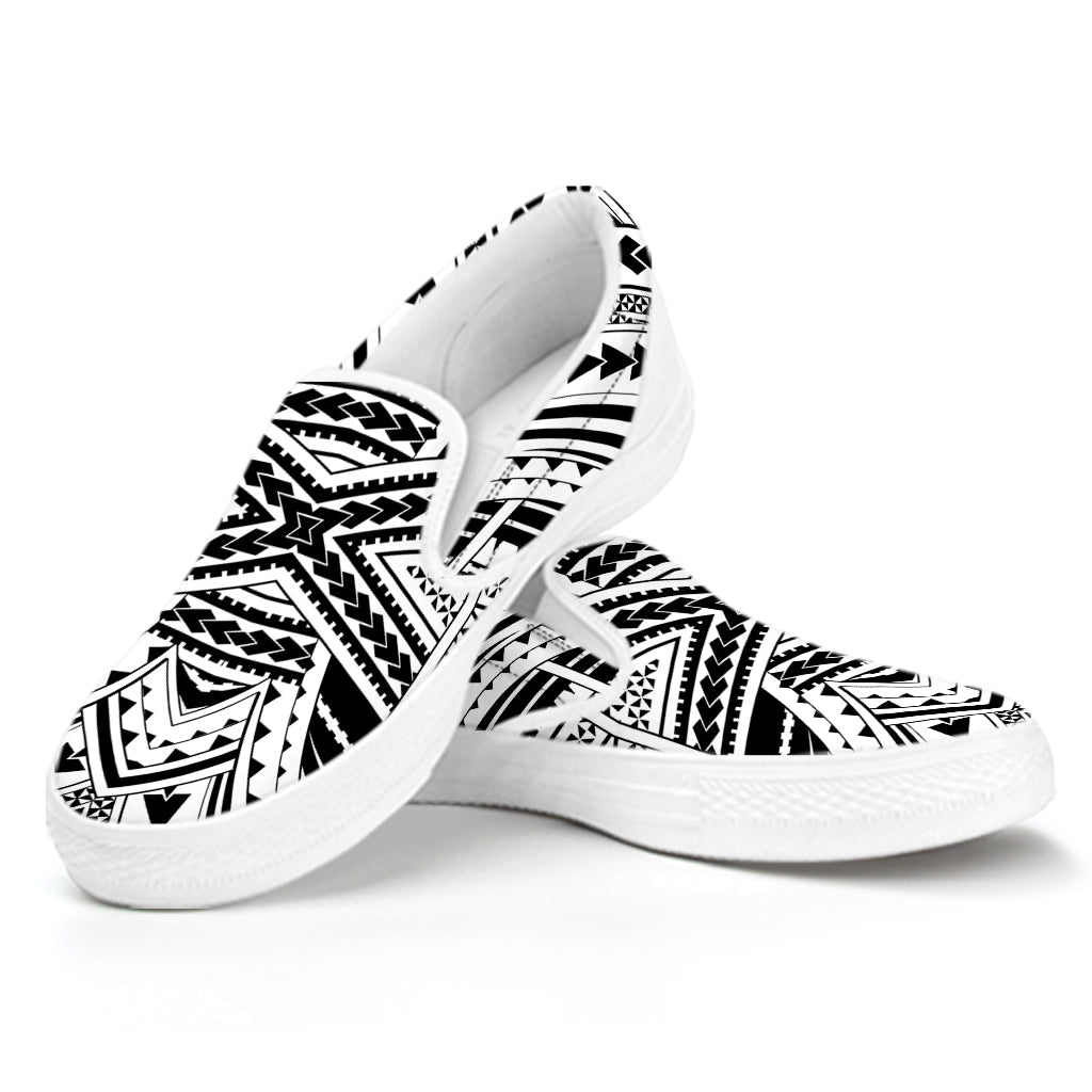 Black And White Maori Tribal Print White Slip On Shoes