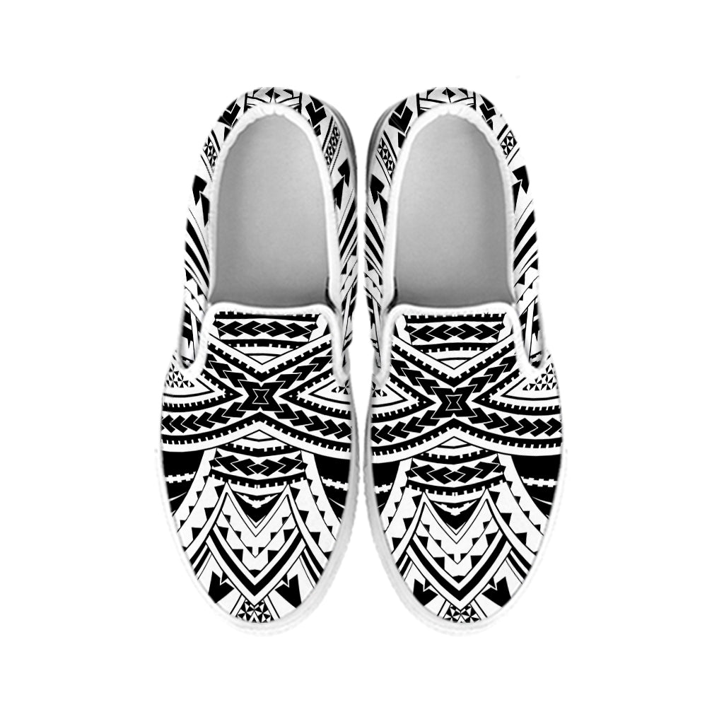 Black And White Maori Tribal Print White Slip On Shoes