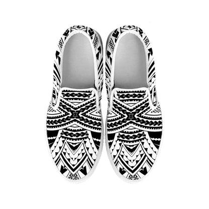 Black And White Maori Tribal Print White Slip On Shoes