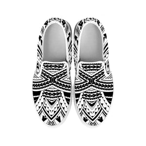 Black And White Maori Tribal Print White Slip On Shoes