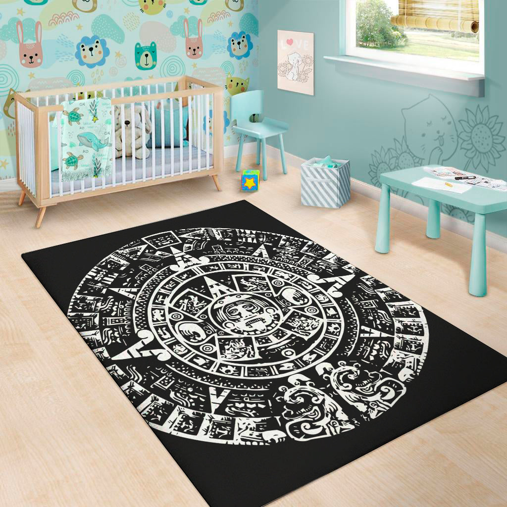 Black And White Maya Calendar Print Area Rug