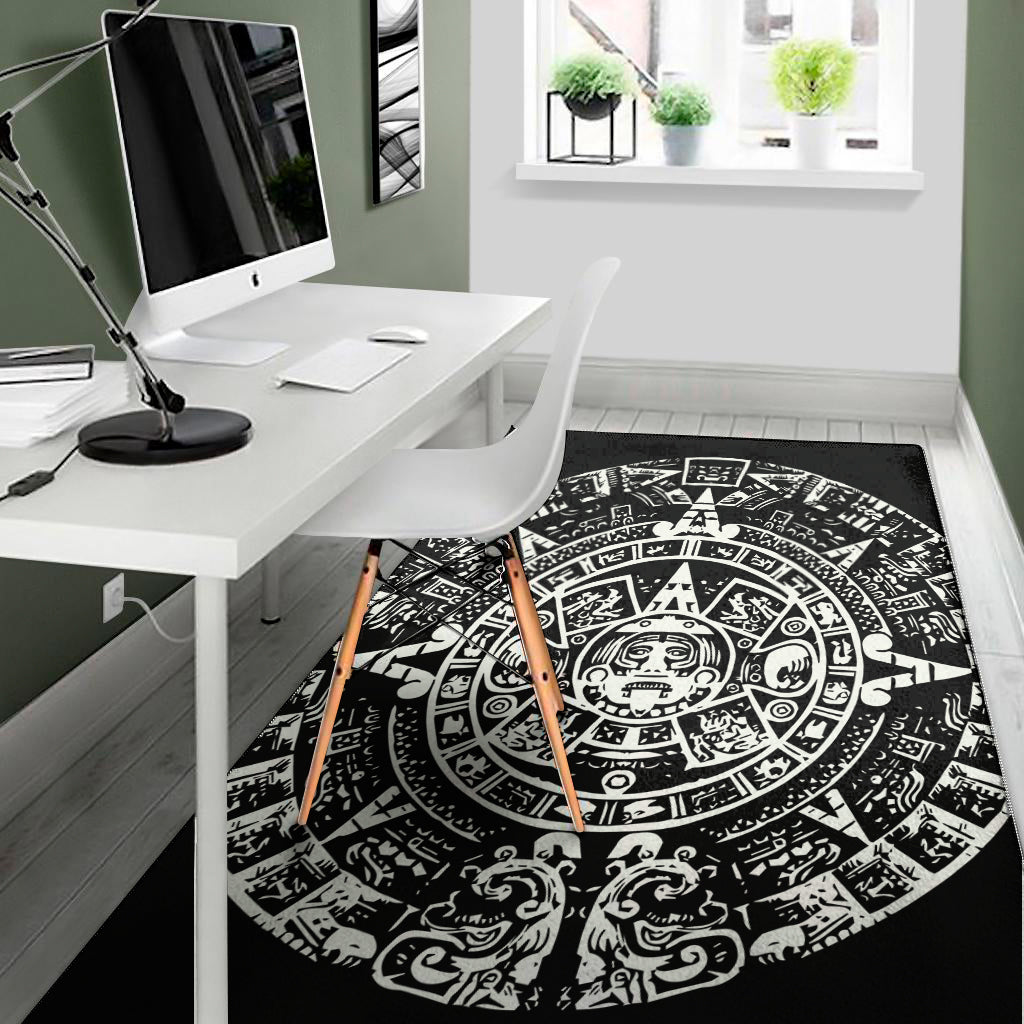 Black And White Maya Calendar Print Area Rug