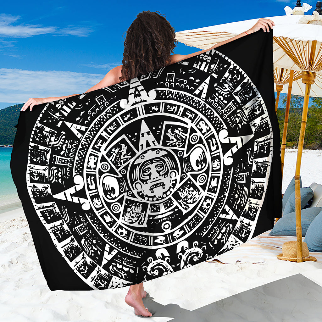 Black And White Maya Calendar Print Beach Sarong Wrap