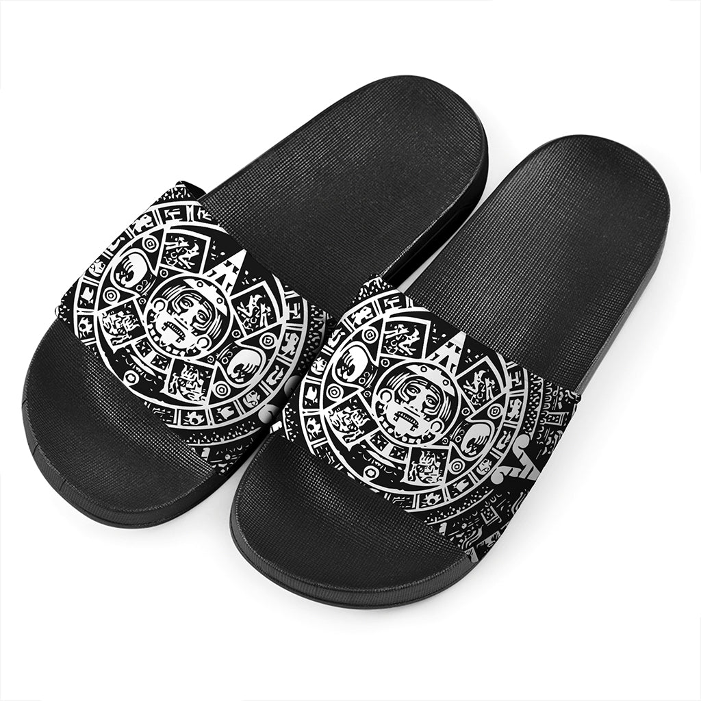 Black And White Maya Calendar Print Black Slide Sandals
