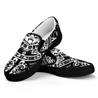 Black And White Maya Calendar Print Black Slip On Shoes
