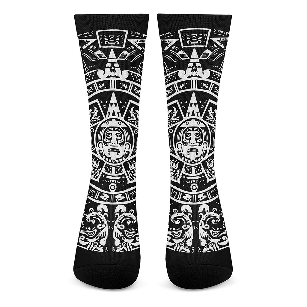 Black And White Maya Calendar Print Crew Socks